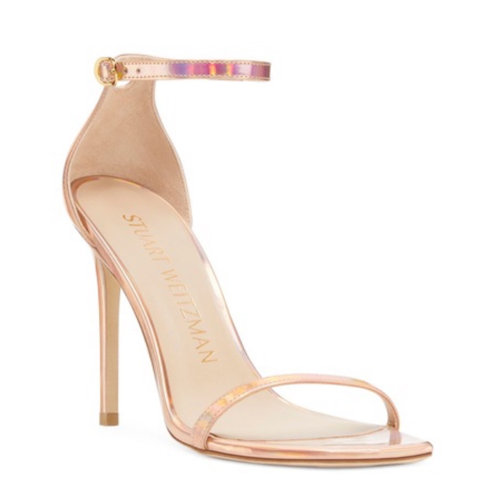 New Stuart Weitzman Nudistcurve Ankle Strap Sandal Rose Gold Hologram